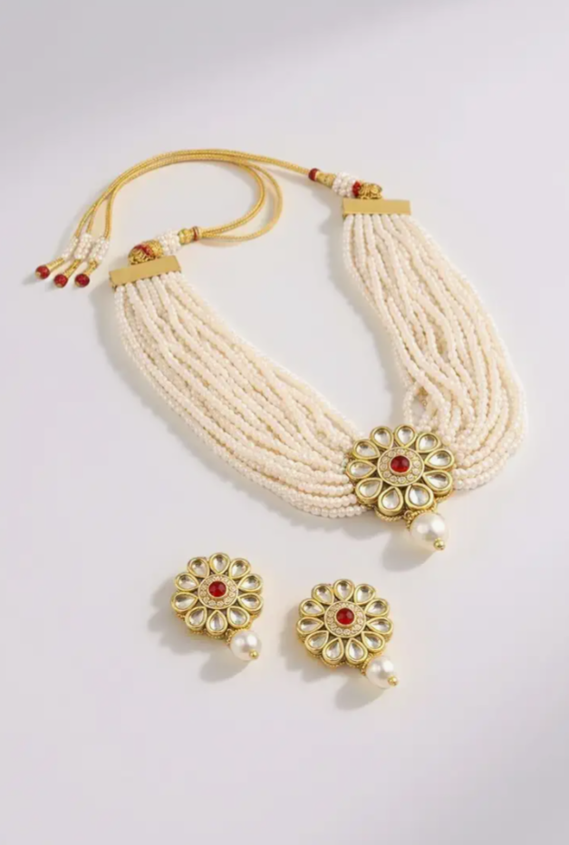 Premium Multi-Layer Pearl Kundan Necklace  Set with Earrings |  Traditional Ethnic  Jewellery for Women