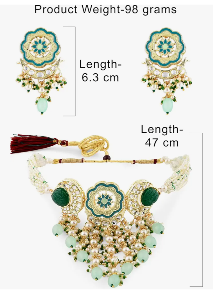 Traditional Kundan Meenakari Choker Necklace Set with Earrings & Ring | Mint Green Pearl Bridal Jewelry Set
