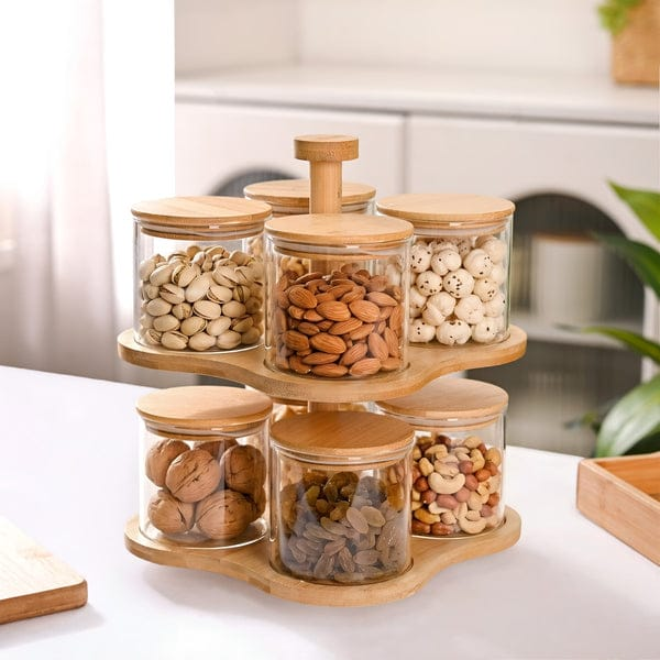6-Piece Glass Dry Fruit Storage Jar Set with Bamboo Rotating Stand | Airtight Snack & Spice Organizer