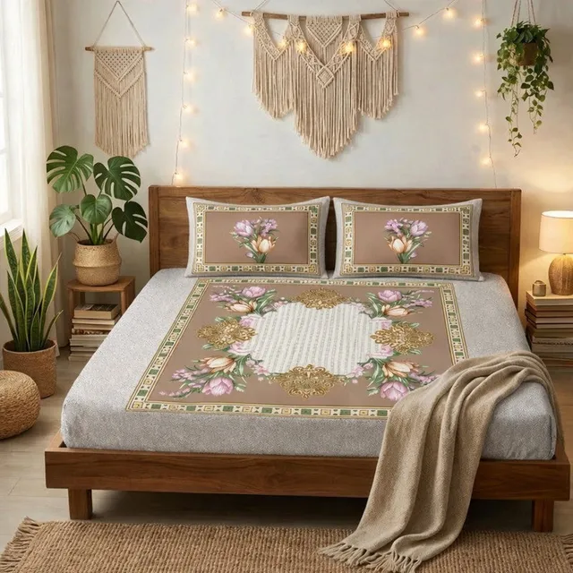 Raymond 100% Cotton Printed Double Bedsheet with 2 Pillow Covers | Floral Print | King/Queen Size 108x108 Inch