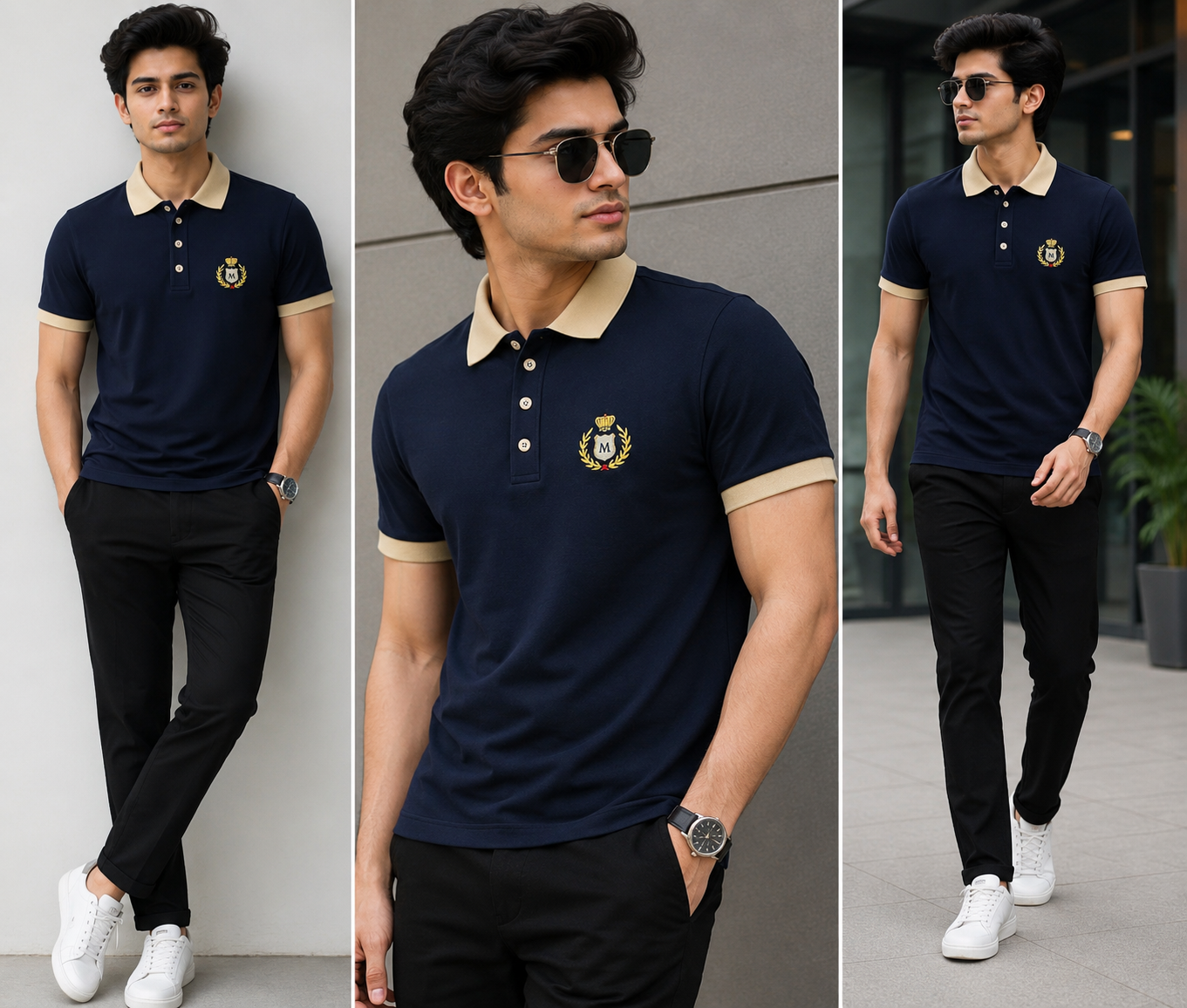 Men's Navy Blue Premium Polo T-Shirt with Beige Collar & Sleeve Cuffs