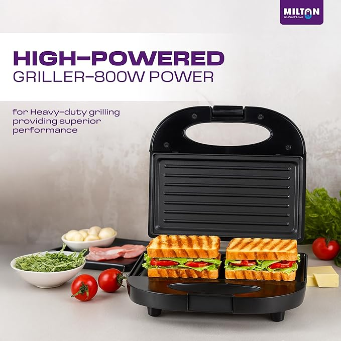 MILTON Express 800 Watt Grill Sandwich Maker | Electric Toaster & Panini Grill | Non-Stick Coating Grill Plates | Power Indicator Lights | Black