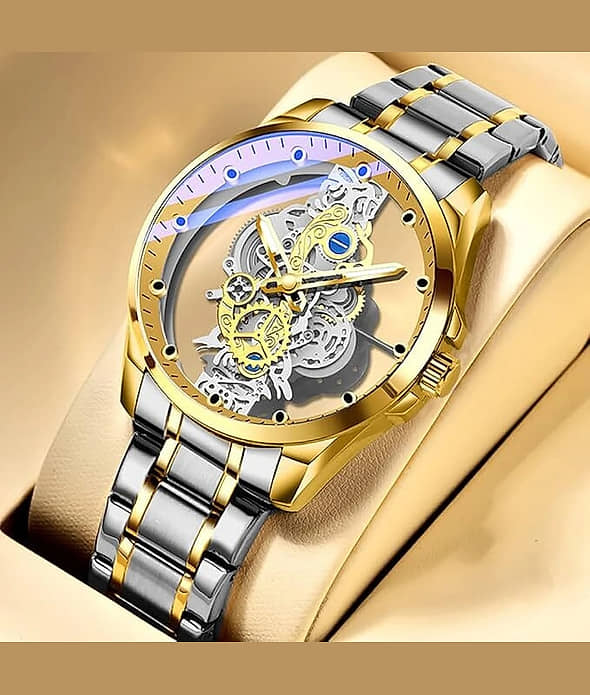 Luxury Skeleton Analog Men's Watch – Gold & Silver Stainless Steel Strap