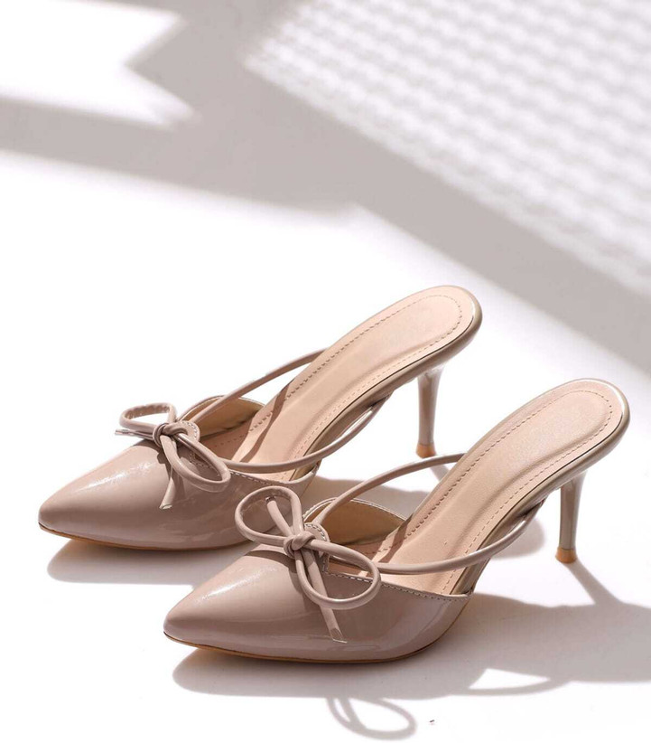 Elegant Women's Nude Bow Pointed Toe Kitten Heel Mules | Stylish Slip-On Party Heels
