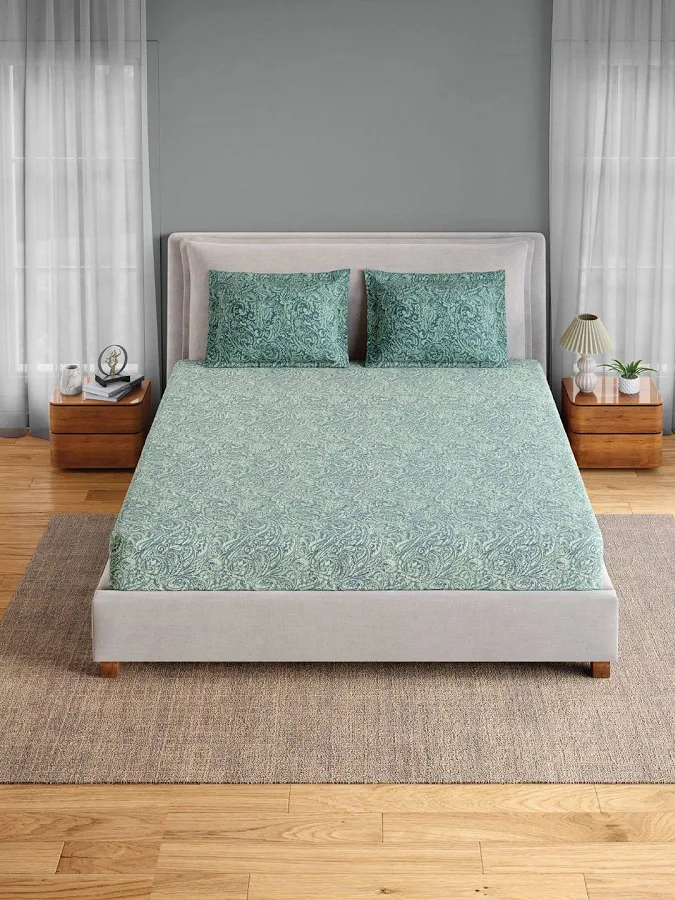 Spaces Flora Double Bedsheet with 2 Pillow Covers | 100% Cotton | Paisley Print | Green