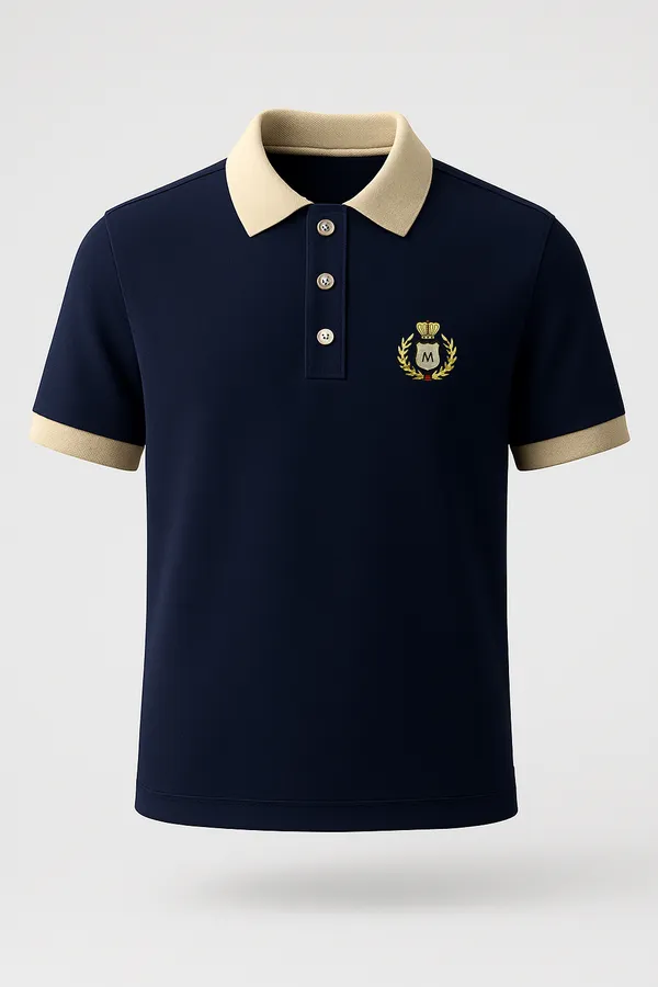 Men's Navy Blue Premium Polo T-Shirt with Beige Collar & Sleeve Cuffs