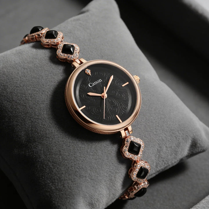 Canon Women's Rose Gold Black Dial Analog Bracelet Watch | Crystal Designer Wrist Watch