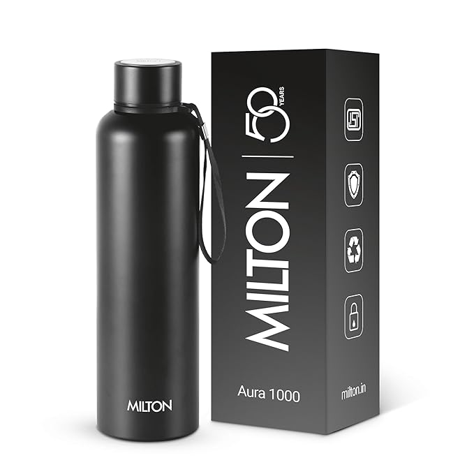 Milton Aura 1000 Thermosteel Vacuum Insulated Stainless Steel Water Bottle (1000 ml, Black)