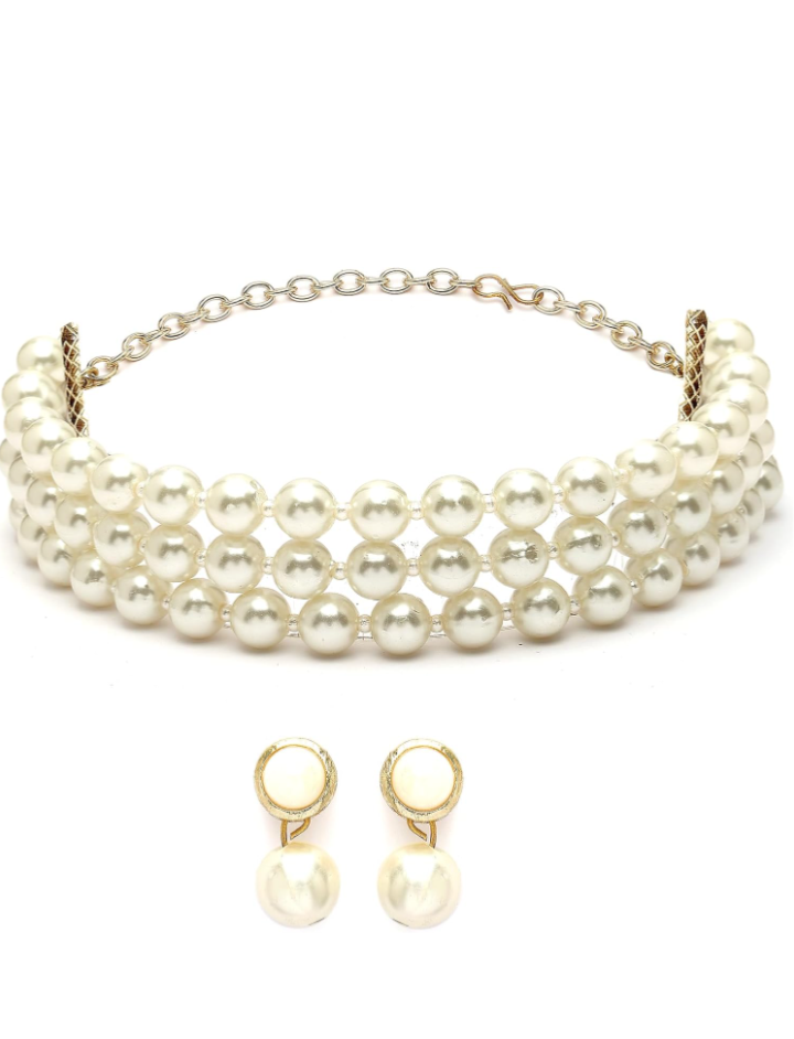 Elegent 3 Layer Pearl Choker Necklace Set For Womens